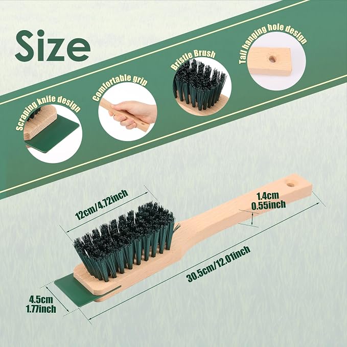 2Pcs Stiff Bristle Brush for Lawn Mower, Universal Lawn Mower Scrub Brush, Multi Surface Outdoor Cleaning Tool with Scraper and Wood Handle for Patio, Deck, Gutter, Gardening