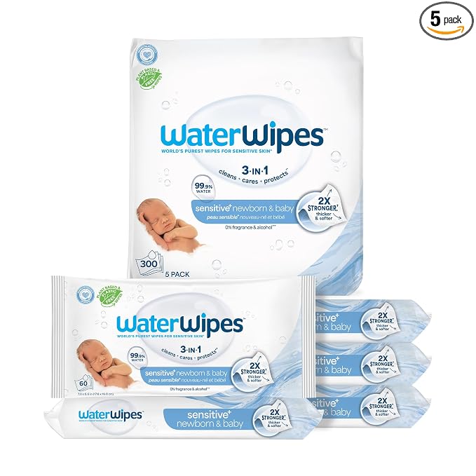 WaterWipes Sensitive+ Newborn & Baby Wipes, 3-In-1 Cleans, Cares, Protects, 99.9% Water, Unscented & Hypoallergenic, 300 Count (5 Packs)