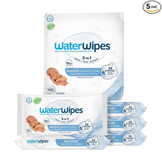 WaterWipes Sensitive+ Newborn & Baby Wipes, 3-In-1 Cleans, Cares, Protects, 99.9% Water, Unscented & Hypoallergenic, 300 Count (5 Packs)