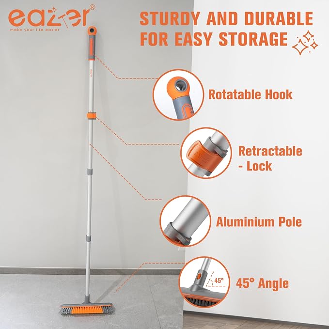 Eazer 2-in-1 Floor Scrub Brush with Long Handle, Soft/Hard Bristle Concrete Deck Brush with Squeegee, Garage Floor Cleaner for Tile/Concrete, Indoor/Outdoor Kitchen Bathroom Pool Deck -12" W/60 H