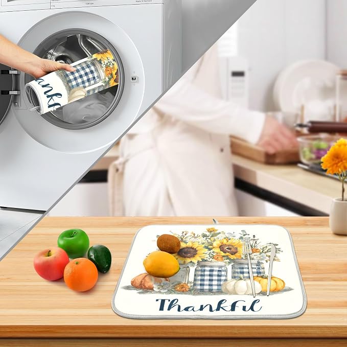 Autumn Pumpkin and Sunflower Floral Vase Dish Drying Mat for Kitchen Counter Absorbent Microfiber Small Drying Pad Dish Mats for Kitchen Countertops 16 x 18 Inch