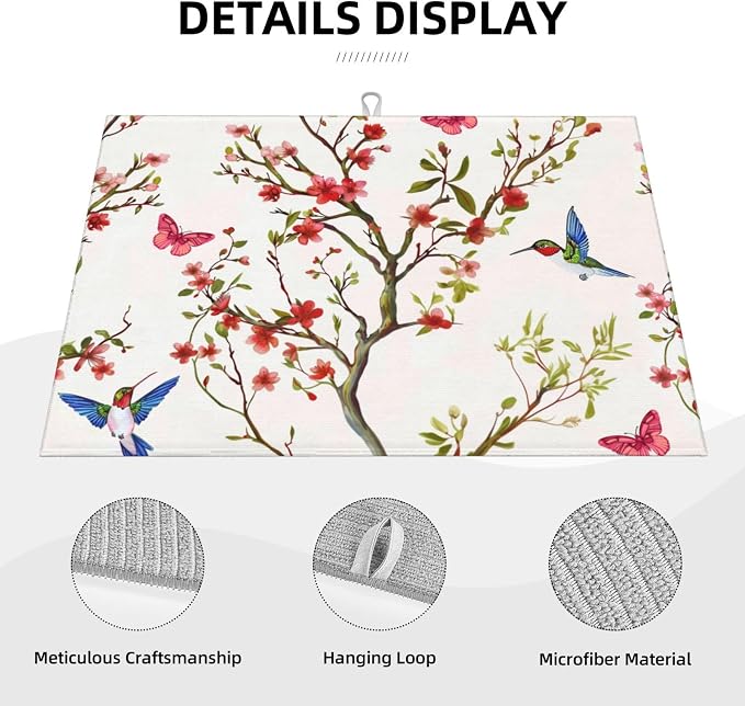 Hummingbird Butterfly Dish Drying Mat For Kitchen Counter, Super Absorbent Microfiber Dish Drying Pad, Kitchen Gadgets For Easy Clean Multi-Use Large 18"x24"
