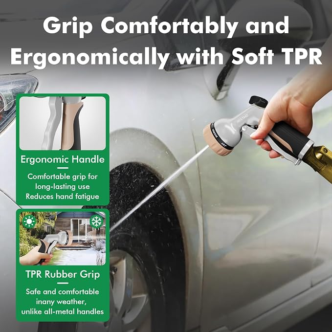 RESTMO Garden Hose Nozzle, Heavy Duty Metal Water Hose Nozzle with 7 Adjustable Spray Patterns, High Pressure Hand Sprayer with Flow Control, for Watering Plants & Lawns, Washing Cars & Pets, Gold