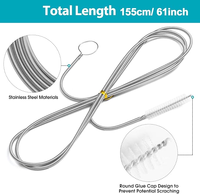 RayTour Extra-Thick Drain Brush with Stronger Spring 61-Inch Stainless Steel and Nylon Pipe Cleaner for Flexible, Curved & Slim Holes, Stronger Spring Version