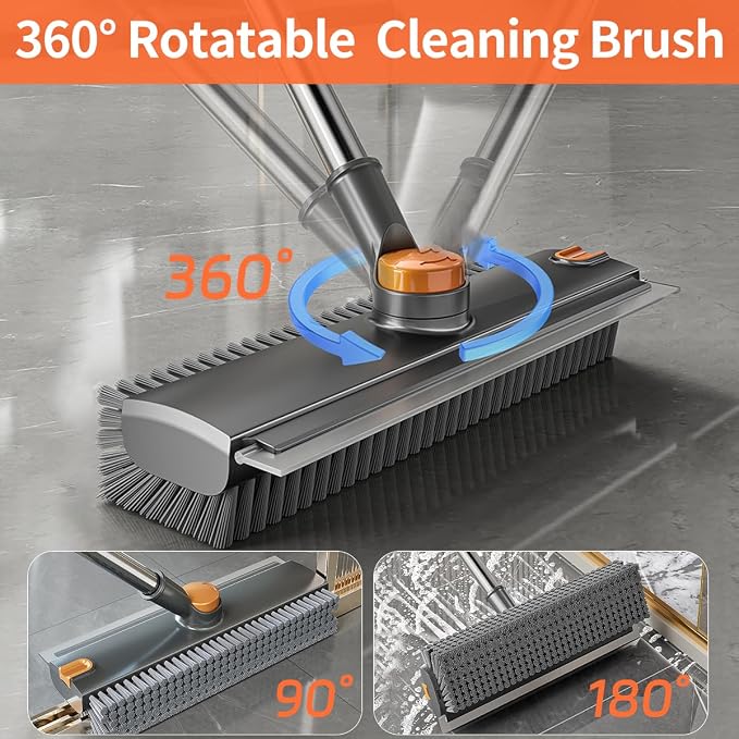 3 in 1 Floor Scrub Brush,Floor Scrubber with Squeegee and Tweezer, Push Broom with Long Handle,Heavy-Duty Stiff 90° Bristle Broom for Patio,Shower, Garage,Deck,Tile, Concrete & Wood Surface