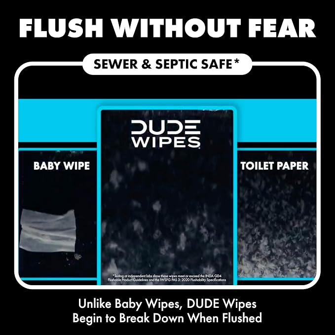 DUDE Wipes Odor Destroyer Flushable Wipes - Extra-Large Adult Wet Wipes - 3 Pack (144 Count) - Deodorizing, Lightly Scented, Controls Odor for up to 24 Hours - Septic and Sewer Safe