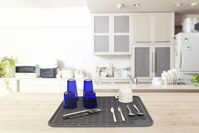 XXL Silicone Dish Drying Mat for Kitchen Counter or Under Sink, 24" x 18" Extra Large, Waterproof Pet Feeding Mat, Water Bowls, Under Drying Racks for Dishes, Coffee Bars, Bar Mats (Slate Grey)