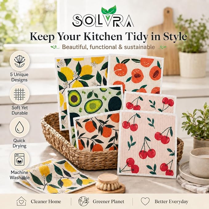 5 PCS Fruit Print Swedish Dishcloths for Kitchen 100% Biodegradable, Reusable Cellulose Sponge Cloths Ultra Absorbent, Eco Friendly Cleaning Towels Dishcloths for Washing Dishes & General Cleaning