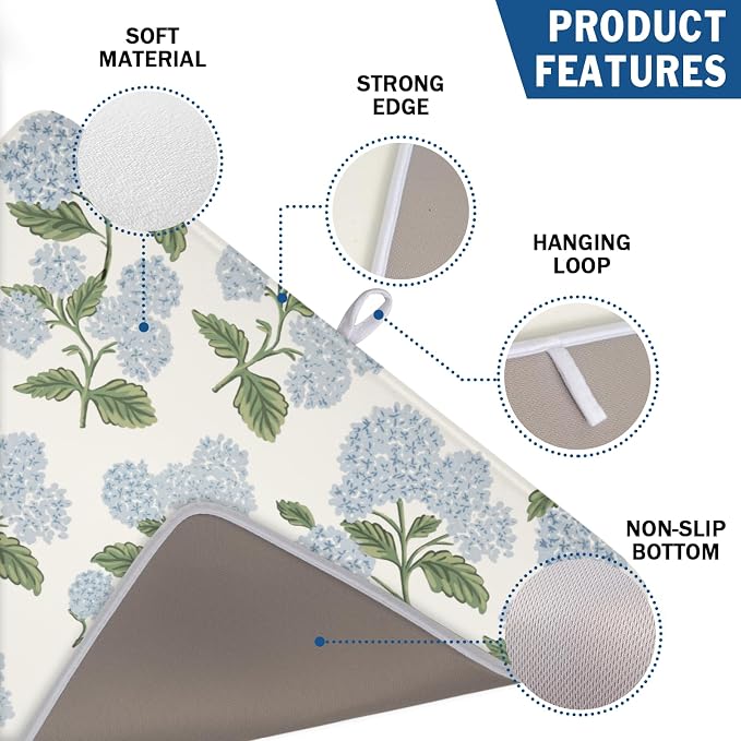 Blue Hydrangea Floral Dish Drying Mat for Kitchen Counter Spring Summer Vintage Flower Microfiber Dish Drainer Mat Rustic Farmhouse Absorbent Washable Drying Pad Extra Large 18"x24"