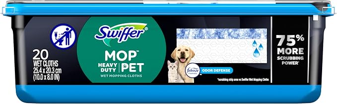 Swiffer Heavy Duty Mop Wet Multi-Surface Cloth Refills for Floor Mopping and Cleaning, Pet with Febreze Odor Defense, 20 count