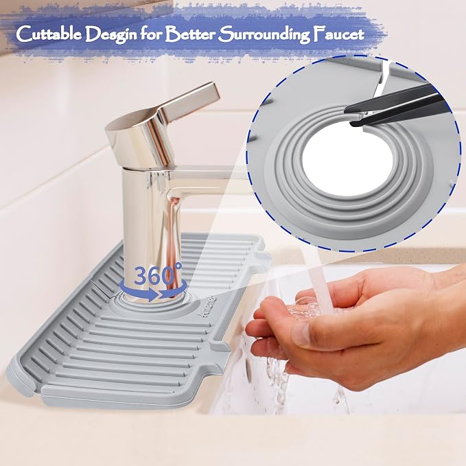 Amerner Kitchen Sink Splash Guard, Silicone Faucet Guard & Draining Mat, 10° Large Slope Sink Faucet Mat Splash Guard, Bathroom Sink Organizer, Kitchen Sink Accessories Gadgets, 14.2” x 5.1”, Gray