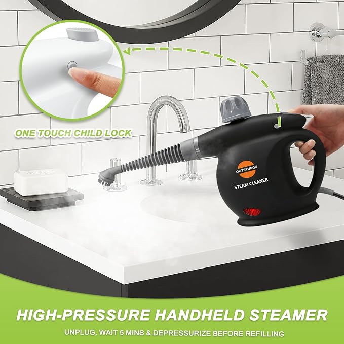 Handheld Steam Cleaner, Pressurized Multi-Surface Steam Shot with 13 Accessories, Safety Lock, Steamer for Cleaning Floor, Upholstery, Grout, Windows, Couch and Car (Black)