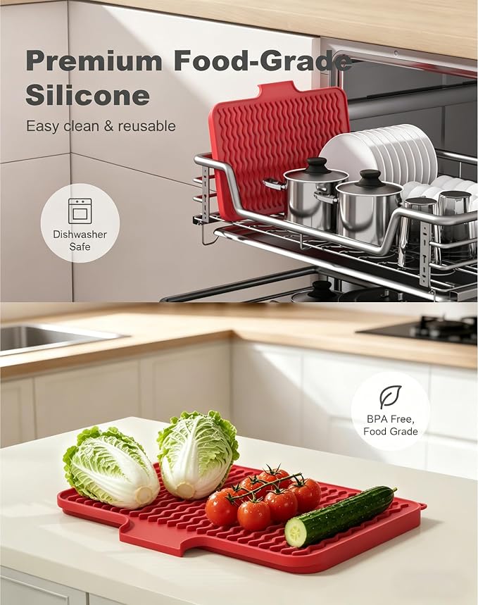 Rnivvi Silicone Dish Drying Mat for Kitchen Counter, 16 x 12" Drainer Pad with Drainage Spout, Non-Slip Countertop Protector Heat Resistant Trivet, Kitchen Decor Mat Sink Drip Pad for Dishes, Red