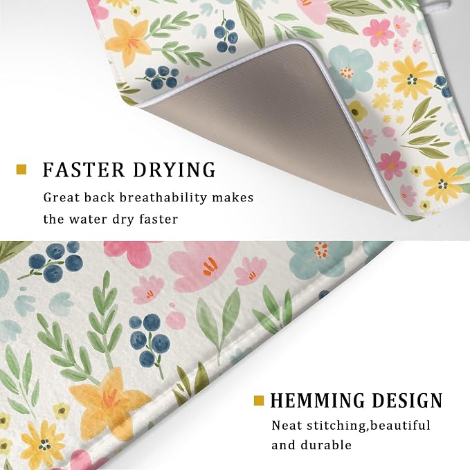 Spring Easter Floral Dish Drying Mat for Kitchen Counter 18x24 Green Pink Yellow Blue Cute Flower Print Absorbent Reversible Microfiber Drying Mats Kitchen Countertop Protector Dishes Drainer Pad