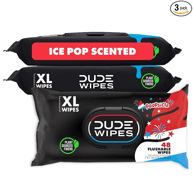 DUDE Wipes Poopsicle Flushable Wipes - Ice Pop Scented Extra-Large Adult Wet Wipes - 3 Pack (144 Count) - Infused with Vitamin E and Aloe - Septic and Sewer Safe