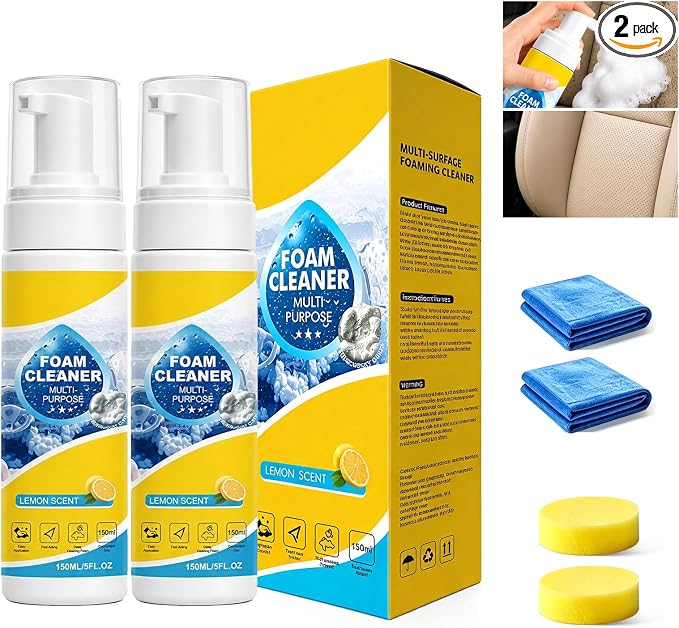 2PCS 4-in-1 Multi-Enzyme Foam Cleaner, Multi Purpose Foam No-Rinse Cleaner 5oz/150ml New All-Purpose Deep Cleaning Spray for Car Interior, Kitchen Grease, Bathroom Tiles, Sofa-Upholstery