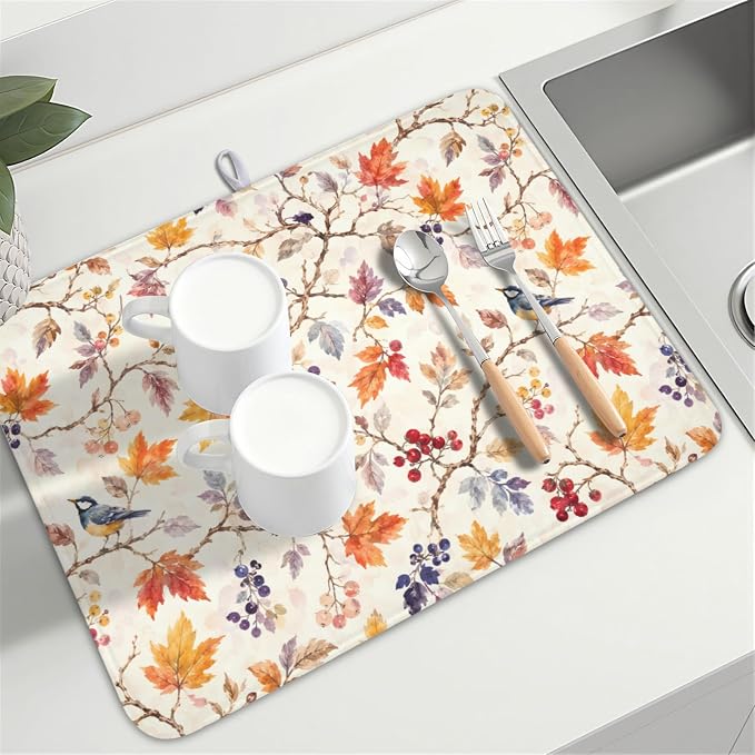 Fall Dish Drying Mat for Kitchen Counter Autumn Harvest Watercolor Maple Leaves Birds Dish Drainer Mat Rustic Farmhouse Absorbent Washable Drying Pad 18"x24"
