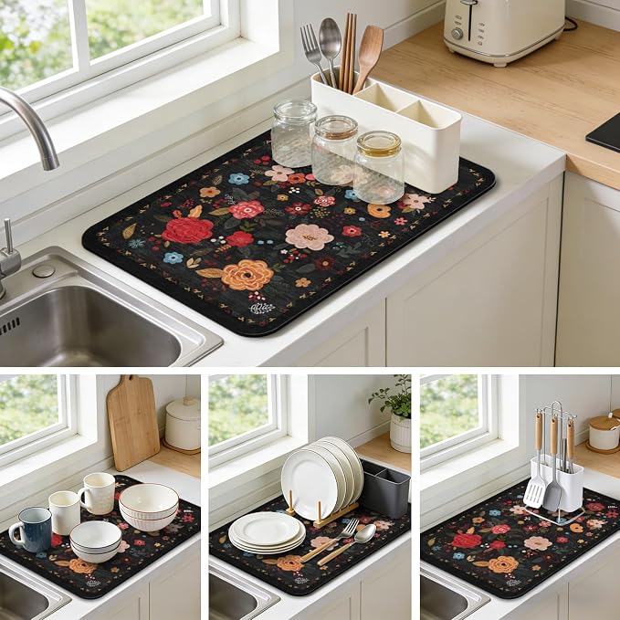 Vintage Floral Dish Drying Mat 18x24 Inch, Dish Mat Drying Kitchen Mats for Extra Large Absorbent Countertop, Aesthetic Boho Drying Matt Kitchen Counter Washable Heat Resistant Dish Drainer Rack Mat