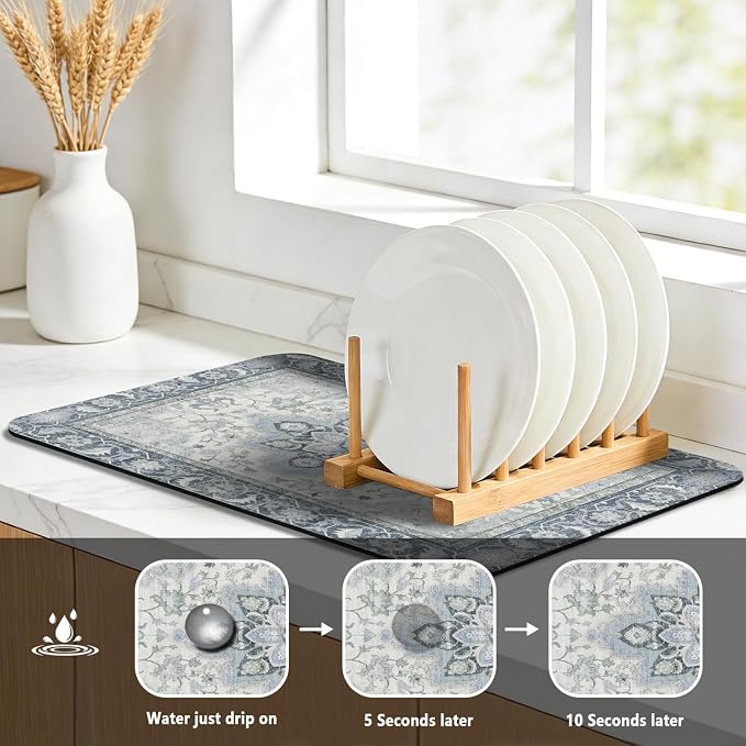 Dish Drying Mat, Vintage Rustic Boho Kitchen Dishes Absorbent Pad, 18x24in | Eco-friendly diatomite with non-slip rubber backing. Super absorbent mat for kitchen counters, coffee bars & sinks