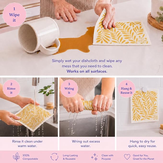Harps&Seb Swedish Dishcloths for Kitchen Dishcloths - 6 Pack, Reusable Paper Towels with Clips, Super Absorbent Washable Non-Scratch Swedish Dish Towels, No Odor, Biodegradable