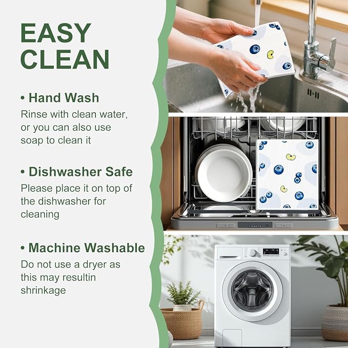 4 PCS Swedish Dishcloths, Reusable Kitchen Dish Cloths, Super Absorbent Cellulose Sponge Cloths, Odor Resistant, Dishwasher Safe & Multi-Purpose Cleaning Cloths