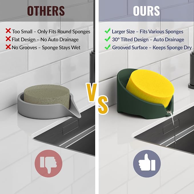 NiHome Silicone Sponge Holder for Kitchen Sink, Fits Scrub Daddy Mommy | Self-Draining Dispenser Organizer Tray, Sink Caddy Countertop Fits Soaps, Scrubber, Dishwasher Safe,Includes Brush,Dark Green
