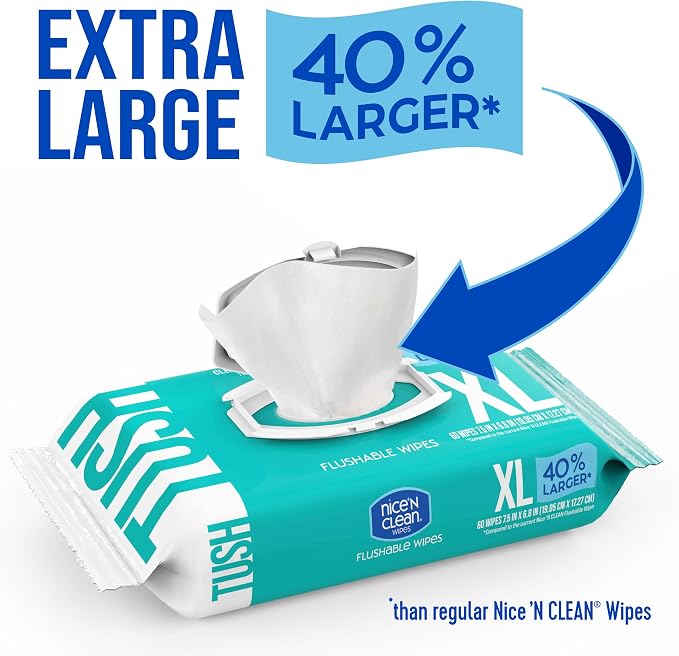 Nice 'N CLEAN Extra Large Flushable Wipes | 40% Larger Wipes | 6.8" x 7.5" Unscented XL Adult Wet Wipes | Septic and Sewer Safe | Fragrance Free, Hypoallergenic, Plant Based | 180 Butt Wipes
