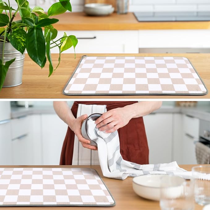 Zonon Checkered Dish Drying Mat for Kitchen Counter 12" x 19" Microfiber Absorbent Dish Drainer Rack Pads Fast Dry Mat Vintage Kitchen Decorations