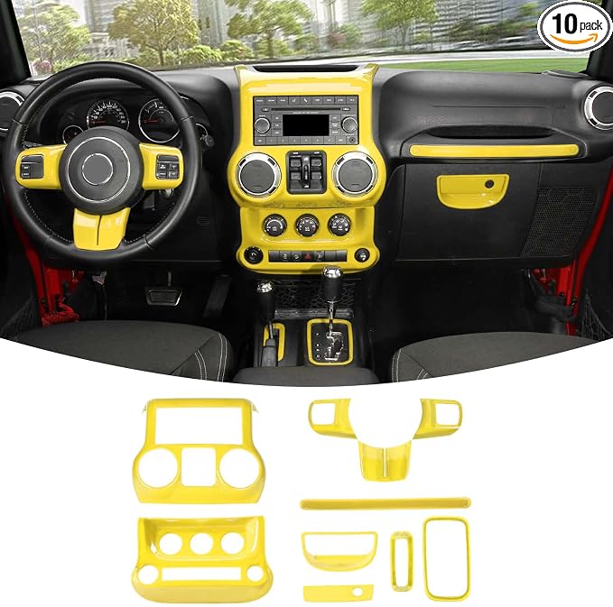 RT-TCZ for Jeep JK Interior Trim Kit Yellow, JKU Center Console Dashboard Panel Trim Cover for Jeep Wrangler JK JKU 2011-2017 Yellow Interior Accessories 10pcs