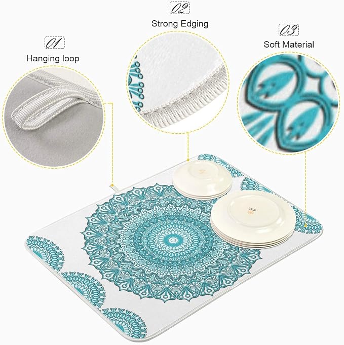 Super Absorbent Dish Drying Mat, Microfiber Fast-Drying Dish Mat, 24" x 18", Kitchen Dish Drying Pad, Boho Ethnic Turquoise Mandala