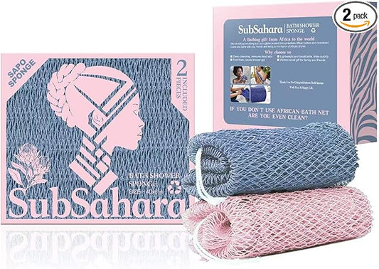 SubSahara Authentic African Net Sponge - 2 Pieces Exfoliating Scrubber for All Skin Types, Bath Sponge for Face & Body, Travel Portable, Durable, Gentle Exfoliation (Slate Blue & Bean Paste Pink)