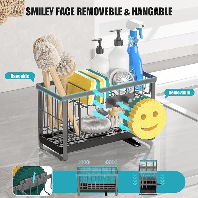 Sponge Holder for Kitchen Sink with Flexible Smiley Face, 2 Tier Kitchen Sink Organizer, Countertop and Storage Essentials, Soap Dispenser Organizer, Home Decor Accessories - Gray