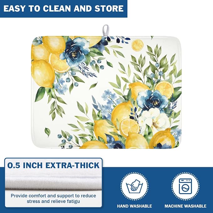 Blue Floral Camellia Lemon Dish Drying Mat 18x24 Inch | Polyester，Absorbent Microfiber，for Kitchen Coffee Dining Bar Decor