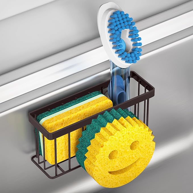 MURLONG Sponge Holder Smiley Face, Sink Caddy for Kitchen Sink, Sink Organizer Sponge Holder with 2 PCS Suction Cups/1 PCS Adhesive Strips, Designed for Sponge, Soap, Dish Brush, Scrubber-Bronze