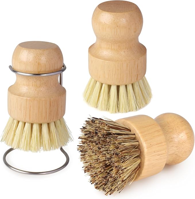4 Pack Bamboo Dish Brush Set with Holder, 2 Sisal Dish Brushes & 1 Palm Scrub Brush, Natural Kitchen Scrub Brush for Dishes, Pots, Pans, Sink