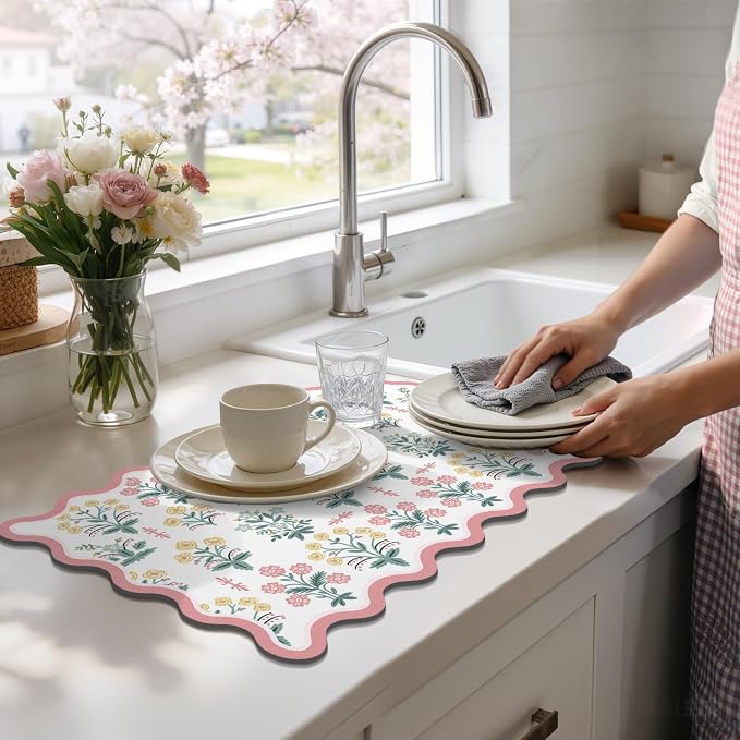 LOKHOM Scalloped Floral Dish Drying Mat, 12"x20" Super Absorbent Coffee Mat with Unique Pink Pastoral Floral, Cuttable Hide Stain Non-slip Drying Mat for Kitchen Counter Coffee Maker Espresso Machine