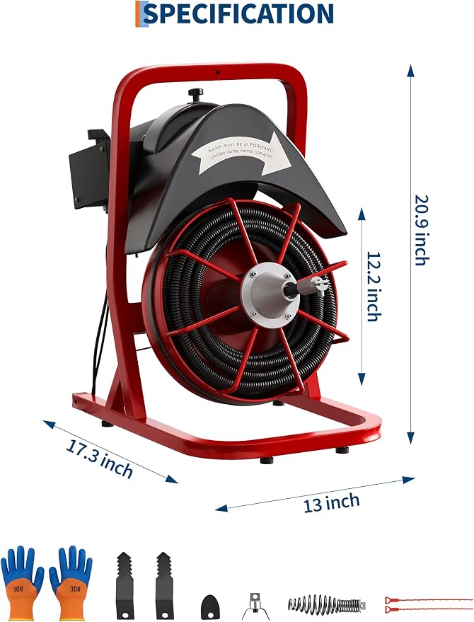 Garvee Drain Cleaner Machine 75FT x 1/2 Inch Steel Core Cable Portable 370W Electric Drain Cleaning Machine With Sewer Auger, Cutter, Air-activated Foot Switch, for Commercial, Home | Durable steel cable , 370W motor, auto-feed, foot switch, portable w...