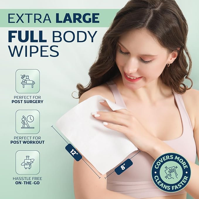 100 Large Shower Wipes – Body Wipes for Adults Bathing No Rinse – 10 Packs of 10 – Extra Moist Bath with Aloe & Vitamin E for Camping, Travel, Gym & Bedridden Care