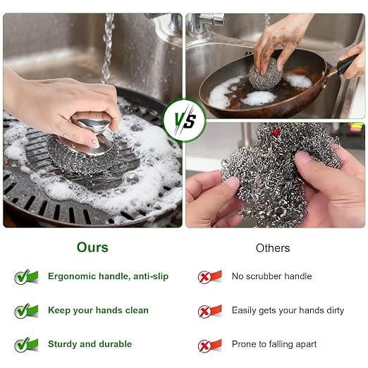4PCS Steel Wool Scrubber Pads, Stainless Steel Scrubber Set with 3Pcs Steel Wool Pads, Steel Scrubber for Dishes, Ideal for Cleaning Cast Iron, Pots, Pans, Grills, Stoves, Sink, Kitchen Household
