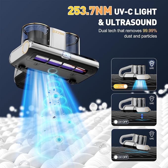 Gxzsk Mattress Vacuum Cleaner 16kPa, Bed Vacuum with 253.7nm UV-C Light | Ultrasonic & 140℉ Heating, Dual Cup & Widen Suction Port Handheld Vacuum for Bed, Sofa, Couch, Crib (500W, Corded)