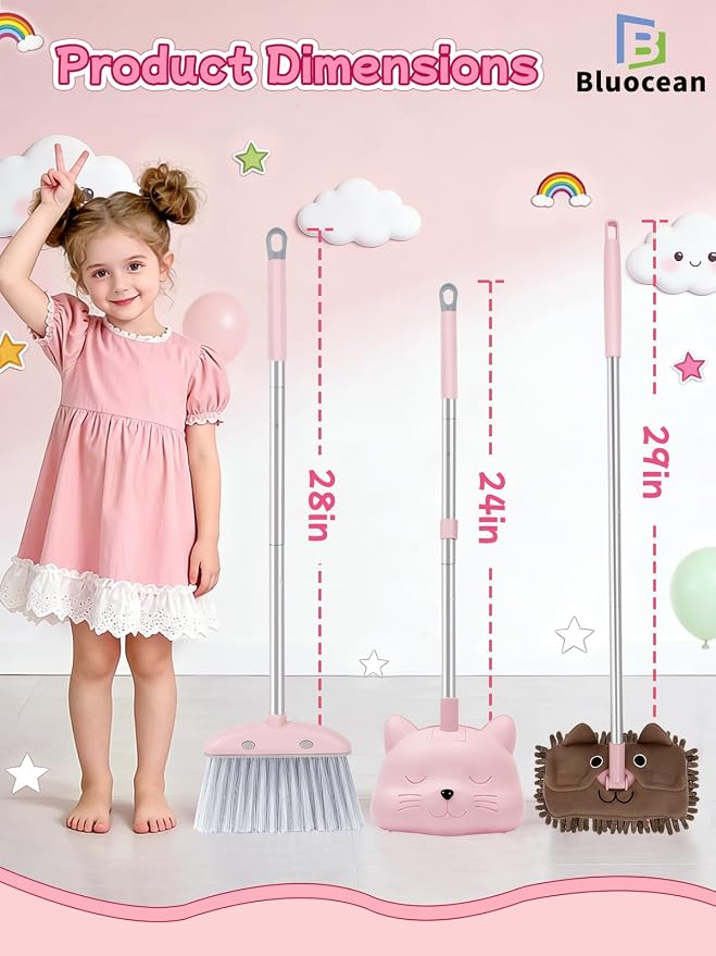 28'' Kids Mini Broom with Dustpan & Mop Set - Toddler Cleaning Toy, Toddler Household Helper, Parent-Child Interactive Play Cleaning Tool, Cute Cartoon Design, Small Safe Corner Broom (Pink)