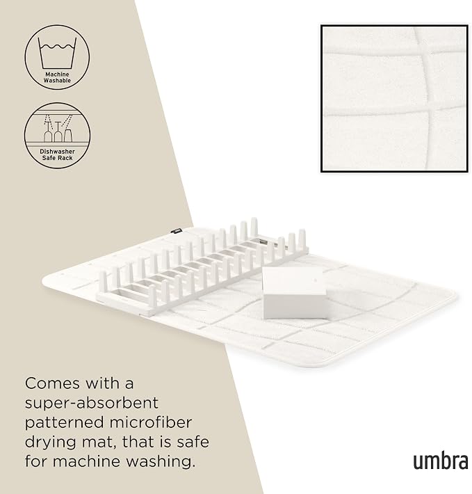Umbra UDry Dish Drying Rack with Mat – Kitchen Countertop Dish Drainer & Absorbent Microfiber Drying Mat, Foldable Dish Rack Organizer for Plates, Cups & Utensils, Sand