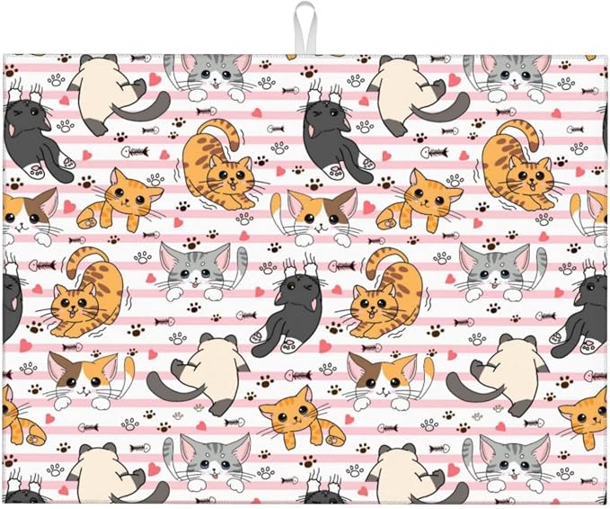 Cute Cat Dish Drying Mat for Kitchen Counter Cute Kitchen Dish Mat Microfiber Kitchen Countertop Absorbent Reversible Drainer Rack Pad