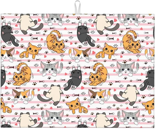 Cute Cat Dish Drying Mat for Kitchen Counter Cute Kitchen Dish Mat Microfiber Kitchen Countertop Absorbent Reversible Drainer Rack Pad