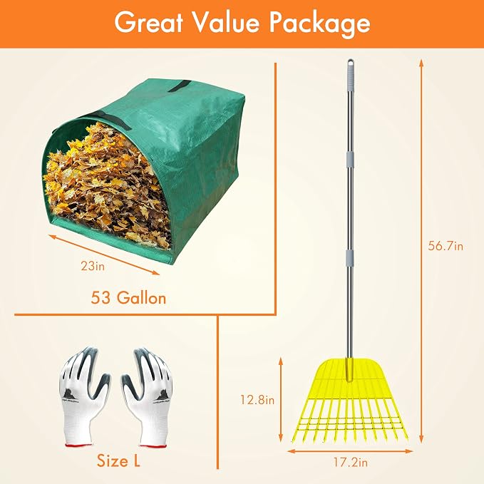 Gardzen 12 Tines Gardening Leaf Rake | Lightweight Steel Handle, Detachable, Ideal Camp Rake, Comes with Dustpan-Type Garden Bag - Yellow