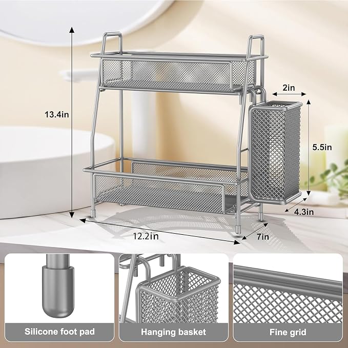 LEMIKKLE Spice Rack Organizer for Kitchen Counter, Spices Organizer and Storage Seasoning Organizer for Cabinet, Kitchen Metal Countertop Organizer with Side Basket (Grey)