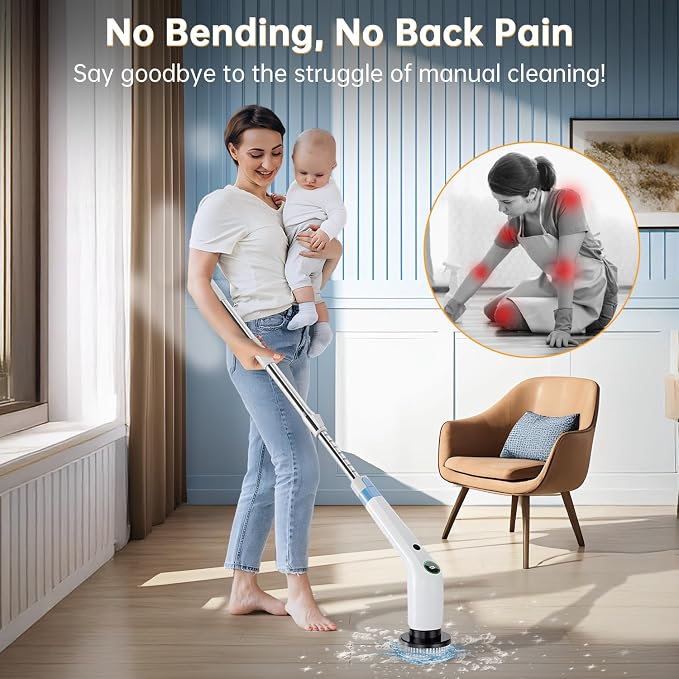 PUFTEM Electric Spin Scrubber, Cordless Shower Scrubber with 8 Scrub Brush, 2 Speed with Adjustable Extension Handle, Battery Level Display, Power Scrubber for Bathroom Bathtub Tile Floor, White