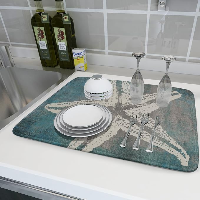 Giwawa Vintage Starfish Dish Drying Mat Coastal Beachy Nautical Drainer Rack Mat 18"x24" Absorbent Washable Dish Dry Pad for Kitchen Counter Sink