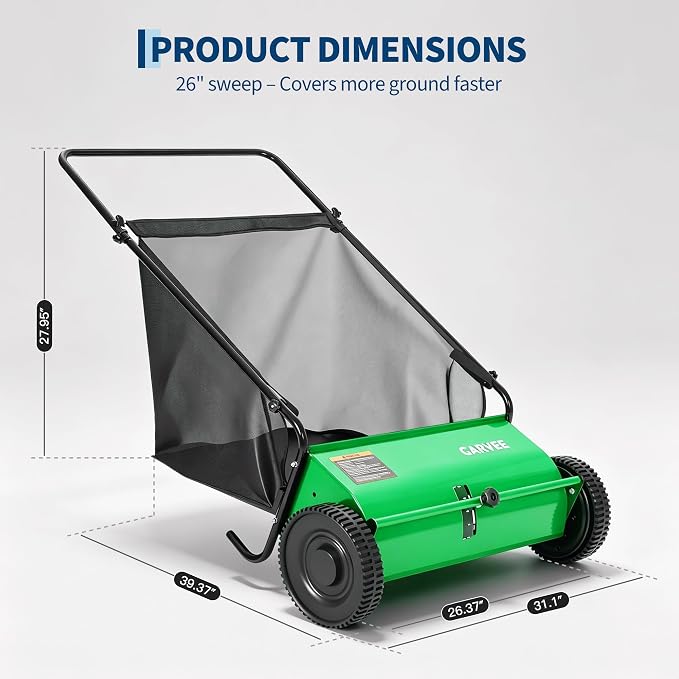 Garvee Push Lawn Sweeper, 26" Leaf & Grass Collector with 7Cu.ft Hopper Bag | Heavy Duty Yard Sweeper with Clear Dust Cover & Large Collection Bag for Leaves, Grass Clippings, for Lawn Yard Cleanup