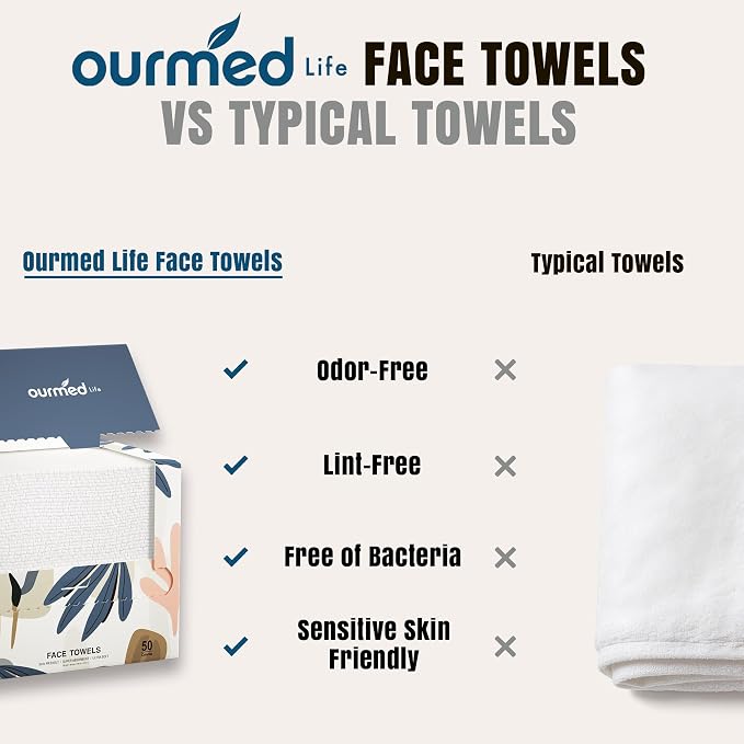 Ourmed Life Face Towels, Disposable Biodegradable Facial Towels for Sensitive Skin, Lint- free Face Wipes for Washing Face, Skincare and Makeup Remover, Dry Wipes, 10"×12" Extra Large, 25 Count